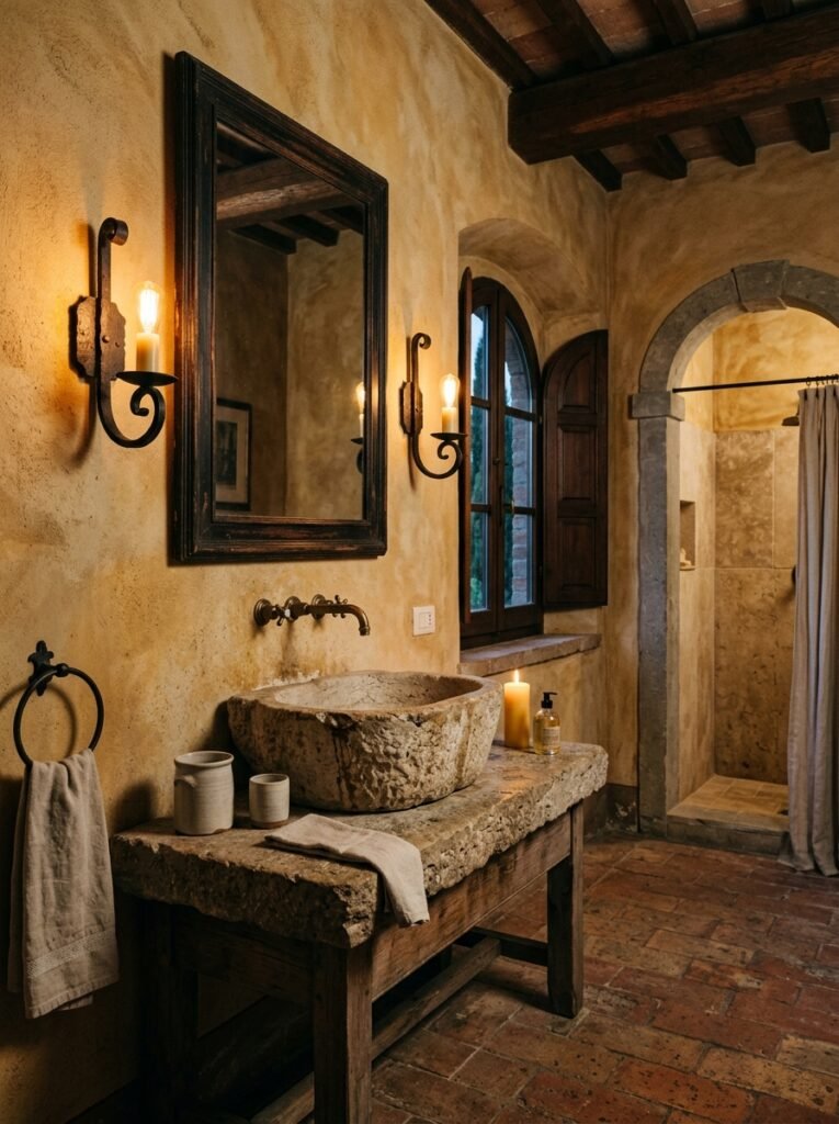 Carved stone basin flanked by wrought iron wall sconces