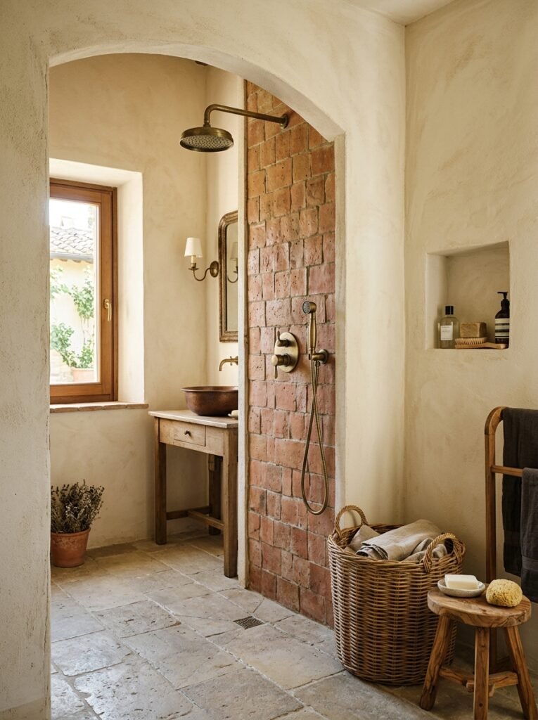 Terracotta zellige shower with aged brass fittings