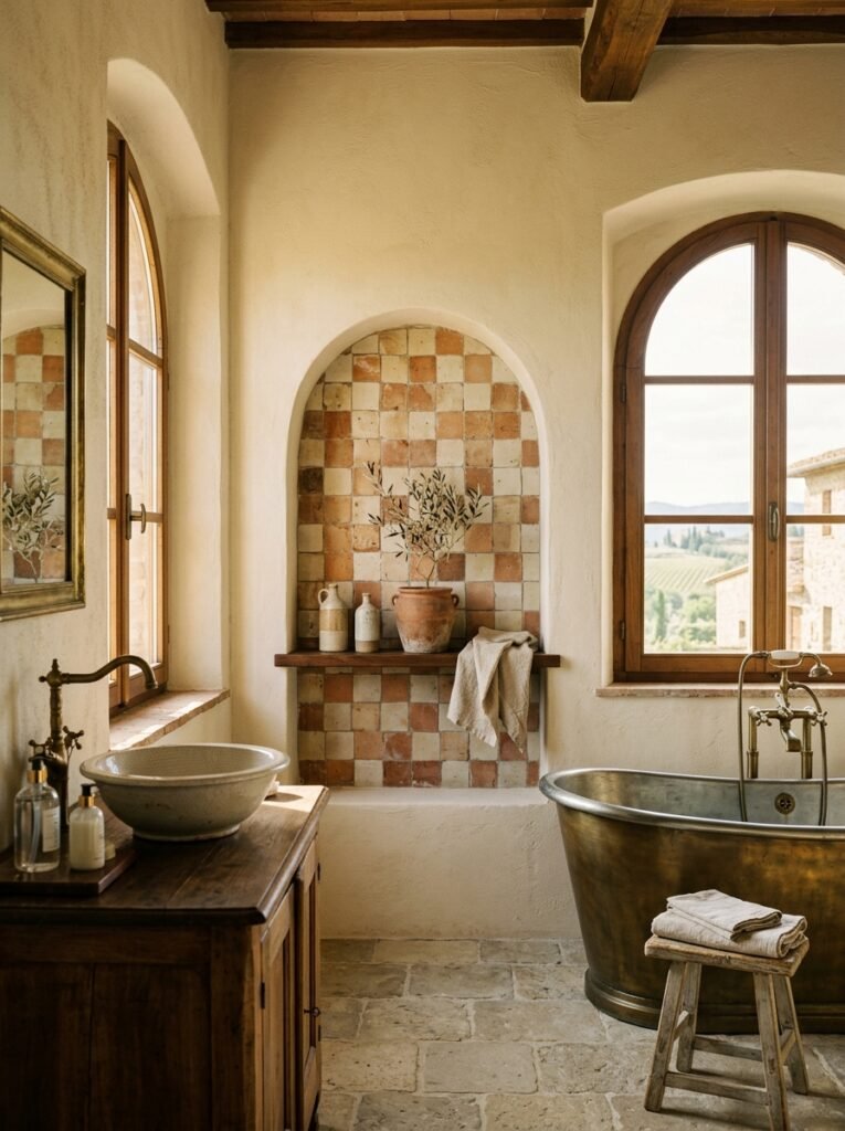 Arched plaster niche lined with handmade tile in a Tuscan bathroom