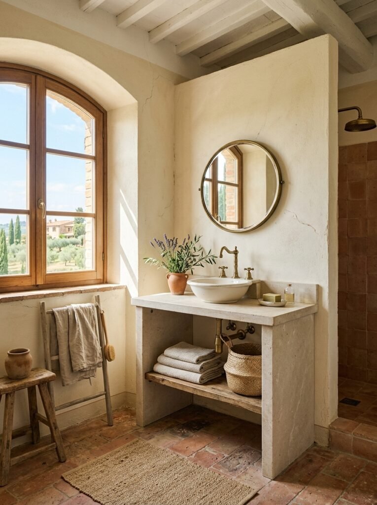 Sun-washed cream bathroom with terracotta accents