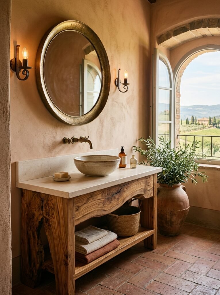 Olive wood vanity with visible swirling grain in a Tuscan bathroom