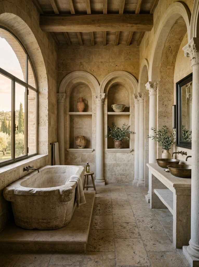 Limestone columns flanking a freestanding tub in a Tuscan bathroom