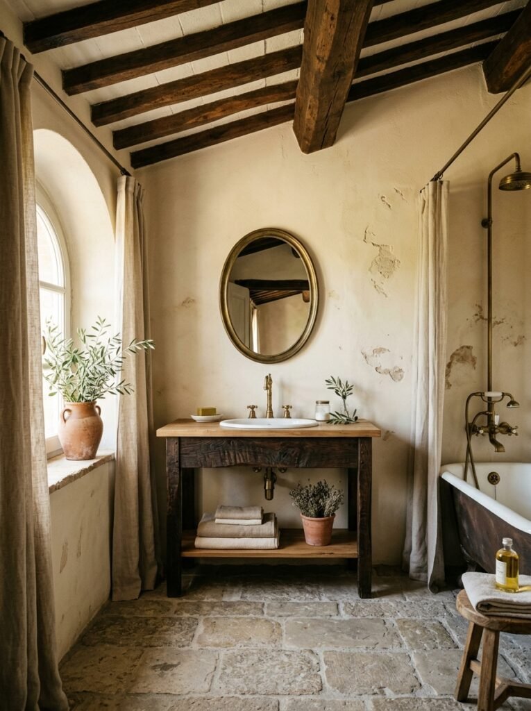 Tuscan farmhouse bathroom with exposed dark timber ceiling beams