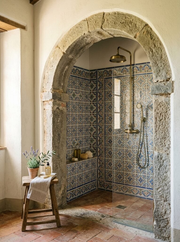 Stone arch shower with Mediterranean tilework