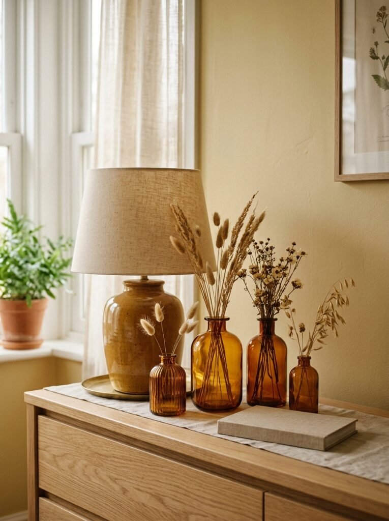 Amber glass vases and honey ceramic lamp on a bedroom dresser