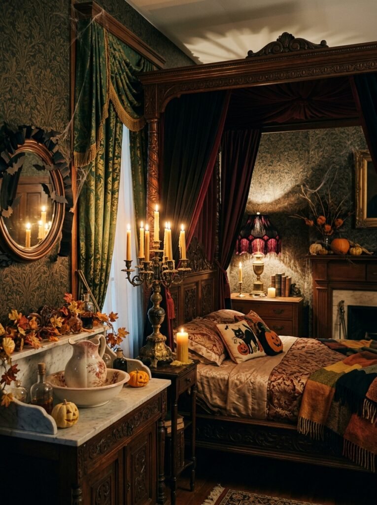Victorian Halloween bedroom with carved wood furniture and antique details