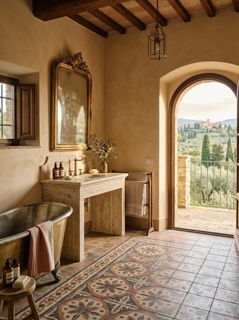 Patterned cement tile floor in an Italian villa bathroom