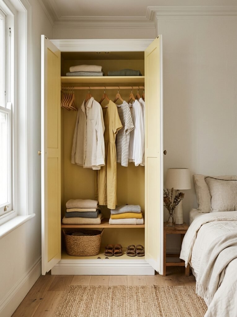Open wardrobe with a butter yellow painted interior in a bedroom