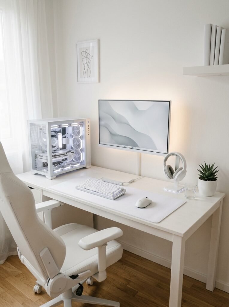 clean all-white gaming setup with white accessories