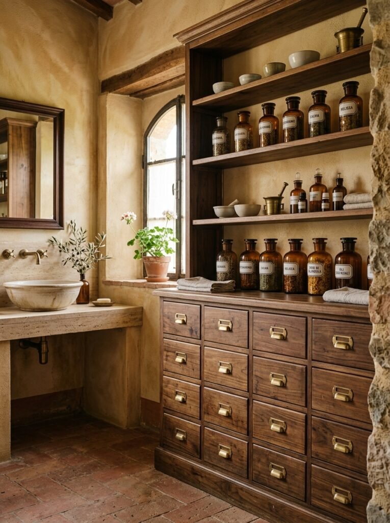 Apothecary cabinetry with brass pulls and amber glass