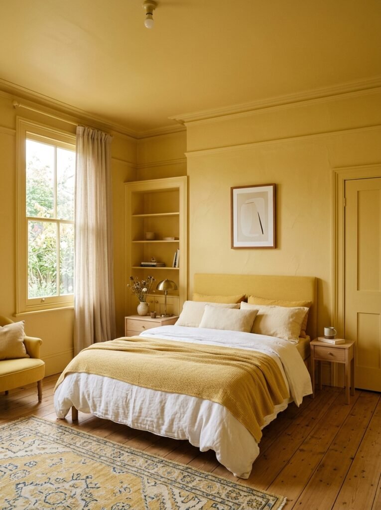 Color drenched butter yellow bedroom