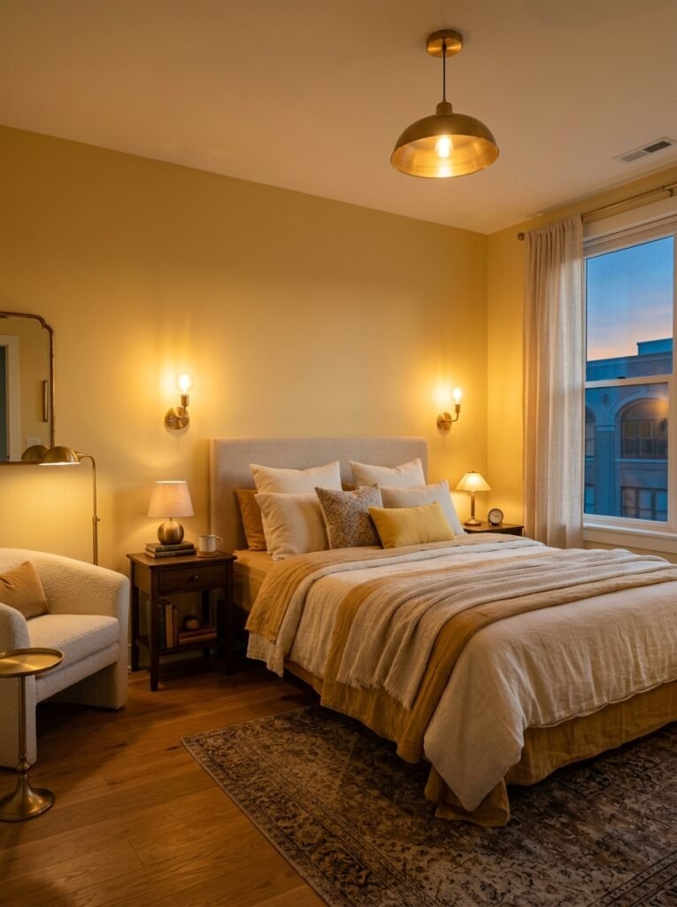 Butter yellow bedroom lit with warm bulbs and brass