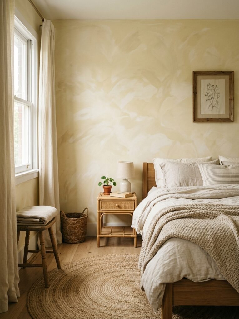 Bedroom with pale butter yellow limewashed walls
