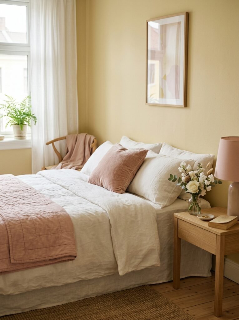 Butter yellow bedroom with blush pink cushion, quilt, and lampshade