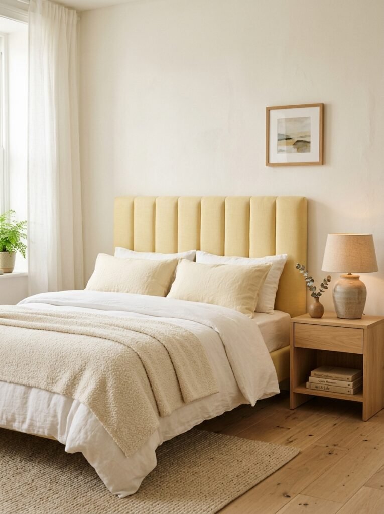 Butter yellow channel-tufted headboard with cream linen bedding