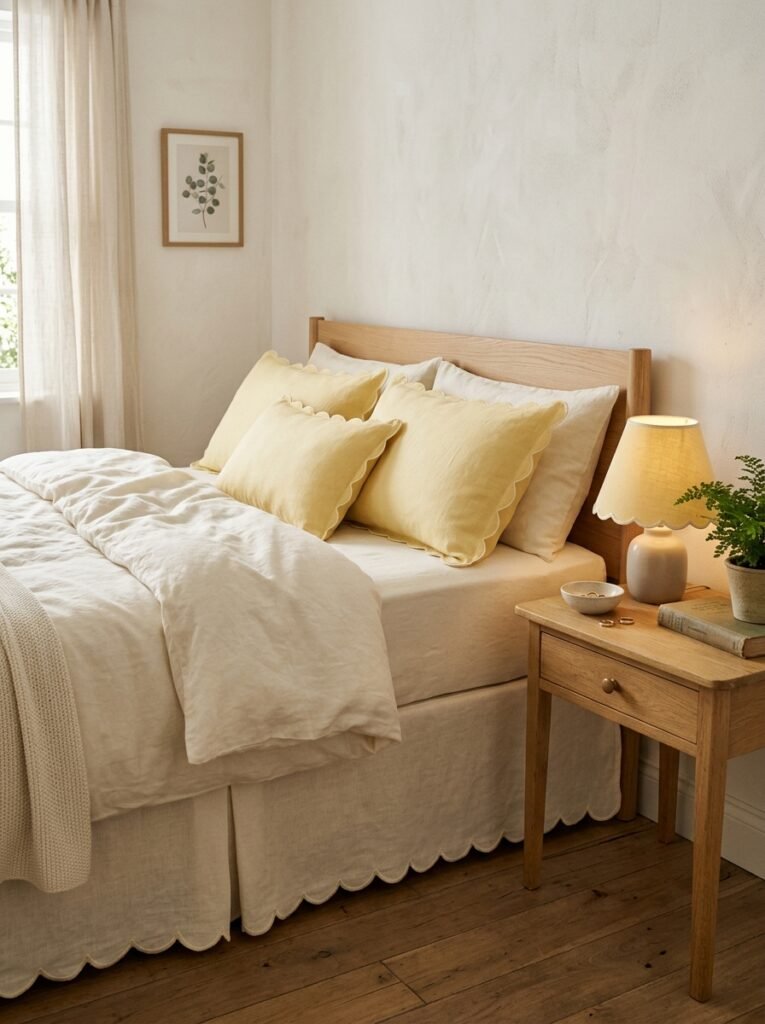 Butter yellow scalloped pillow shams and bed skirt in a bedroom