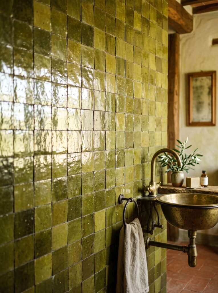 Olive zellige tile on a Tuscan bathroom wall