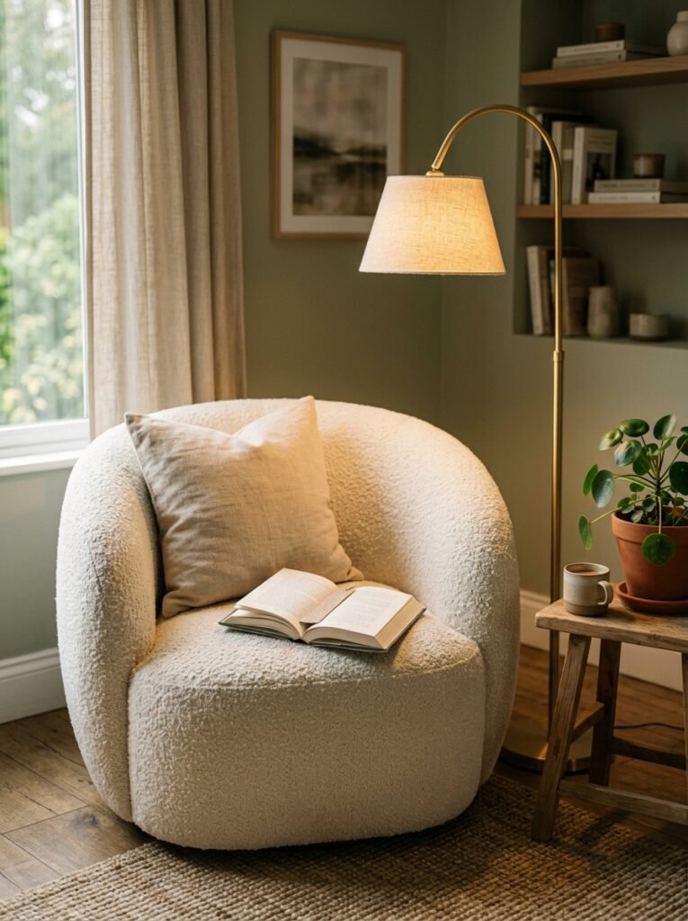 curved cream boucle accent chair in a cozy reading corner