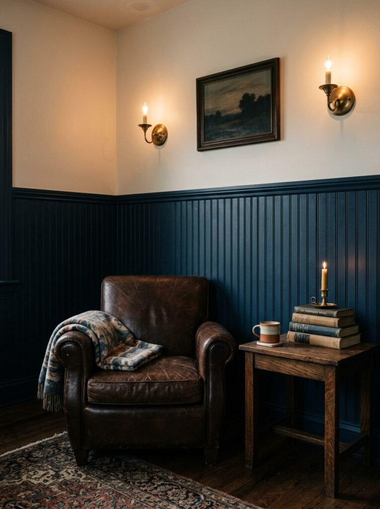 moody room with navy beadboard wainscoting and brass sconces