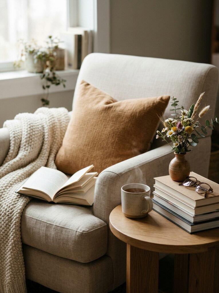 round wooden side table with tea and books beside a reading chair