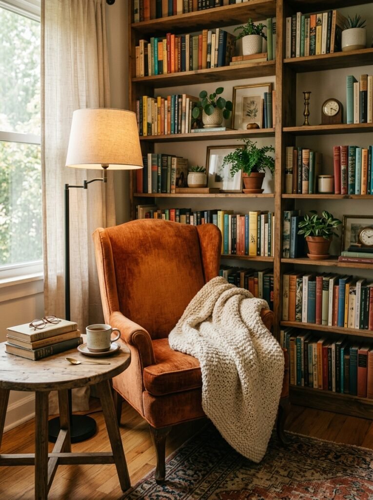 reading armchair next to a tall wooden bookshelf