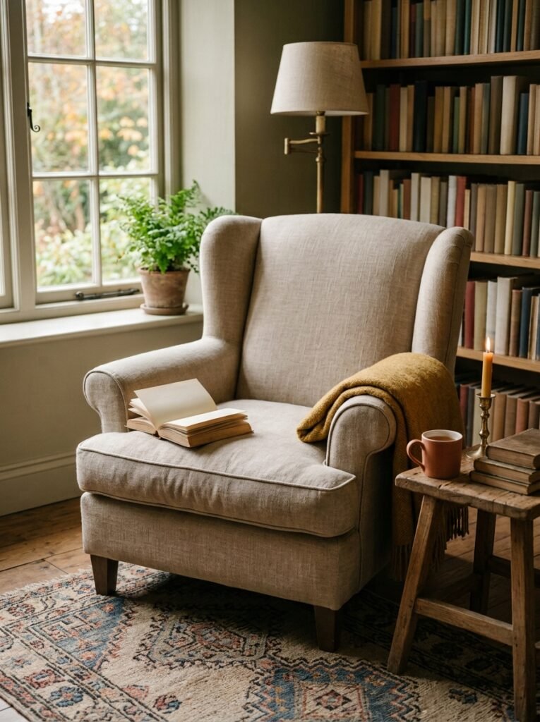 reading armchair with a high back, deep seat and padded arms