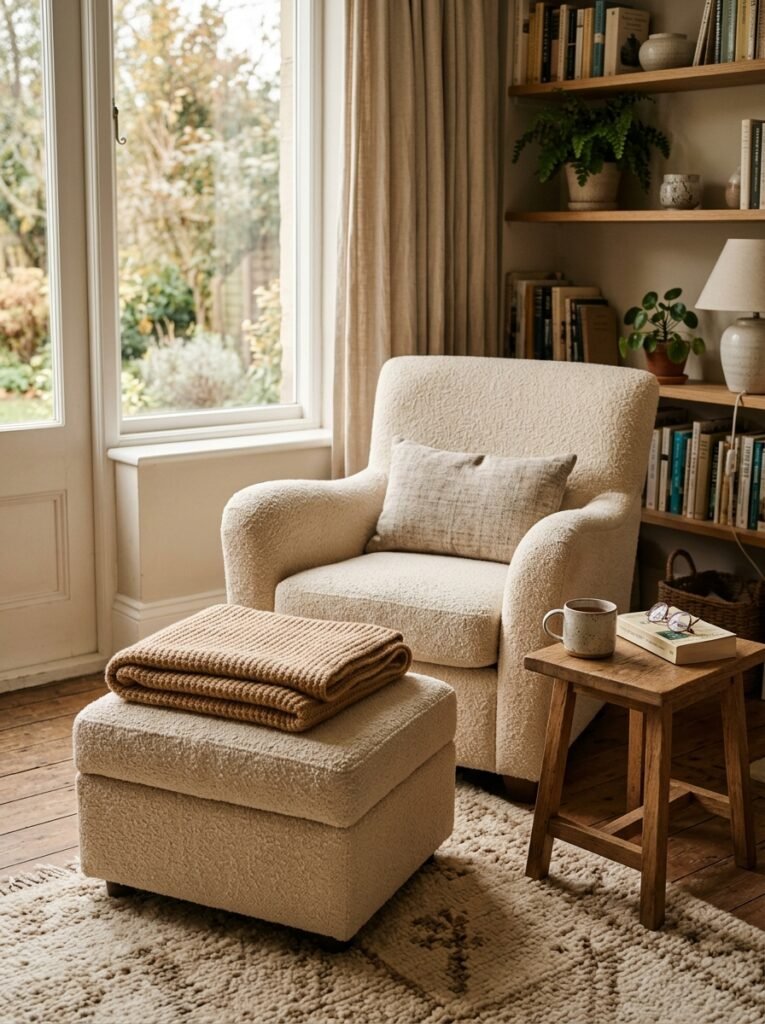 cream reading armchair with a matching upholstered ottoman
