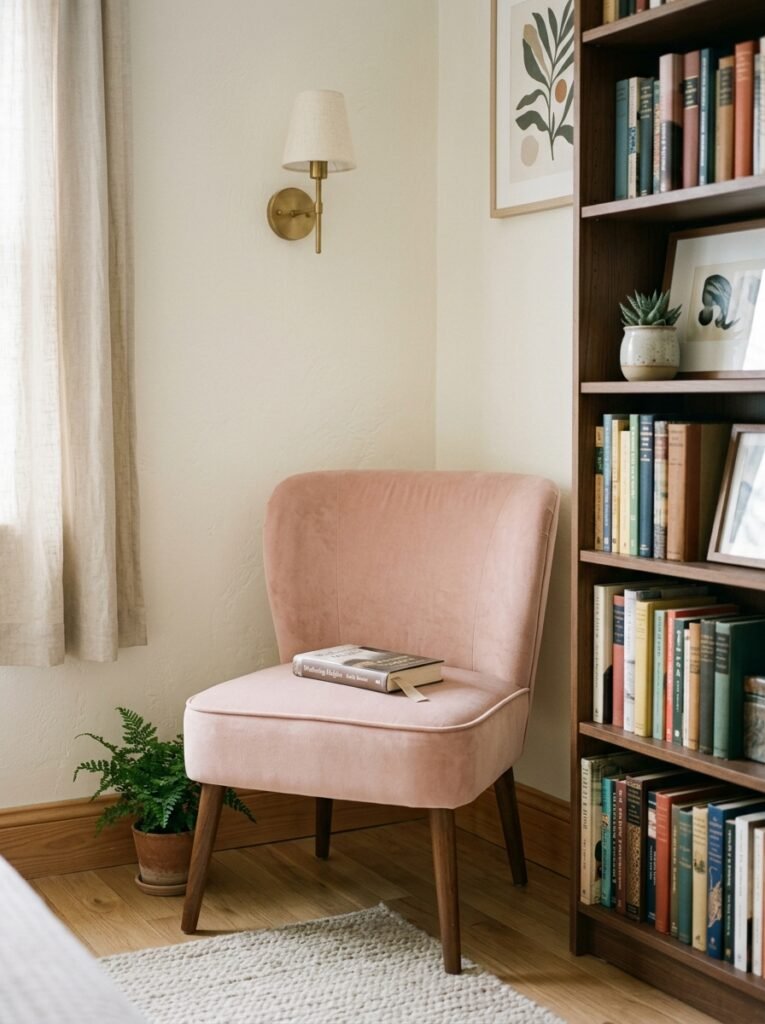 slim armless slipper chair in a small bedroom corner