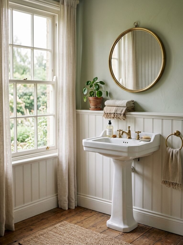 bathroom with white beadboard wainscoting and sage green walls