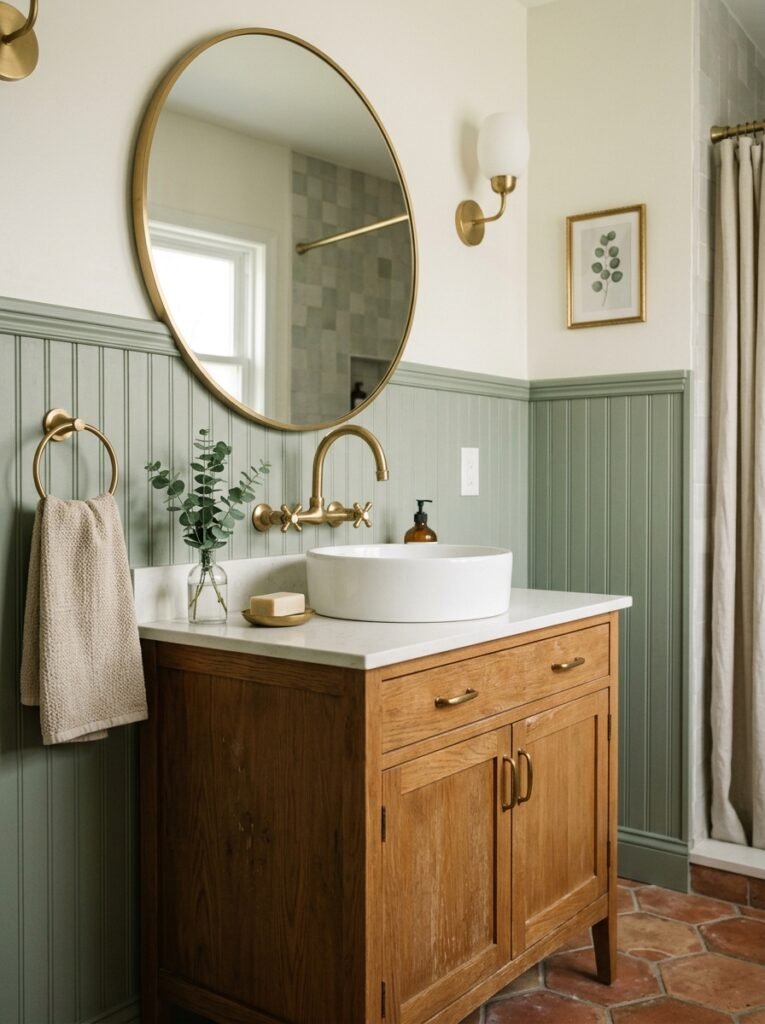 bathroom with sage green beadboard wainscoting and brass fixtures