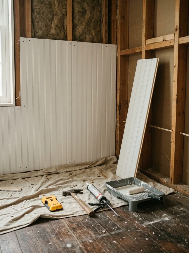 beadboard panels being installed with a stud finder, hammer and caulk gun