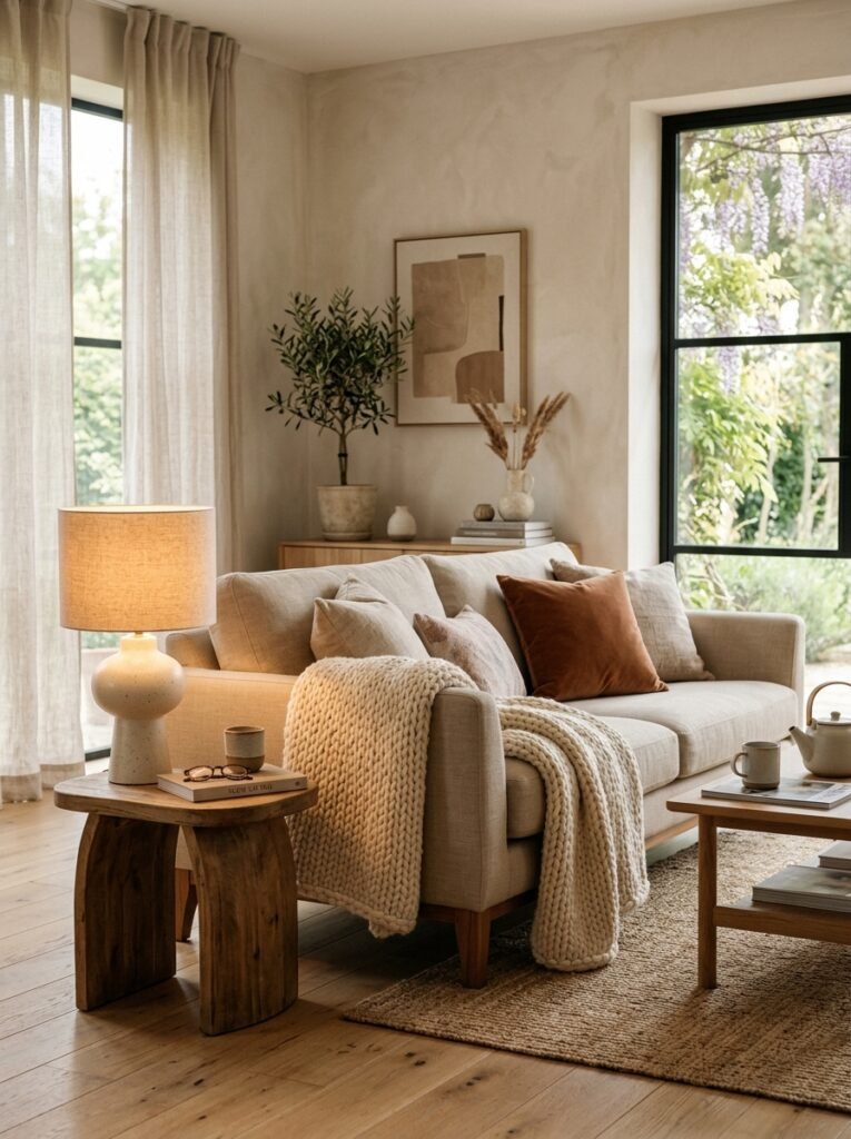 warm minimalist living room with a beige linen sofa and glowing lamp
