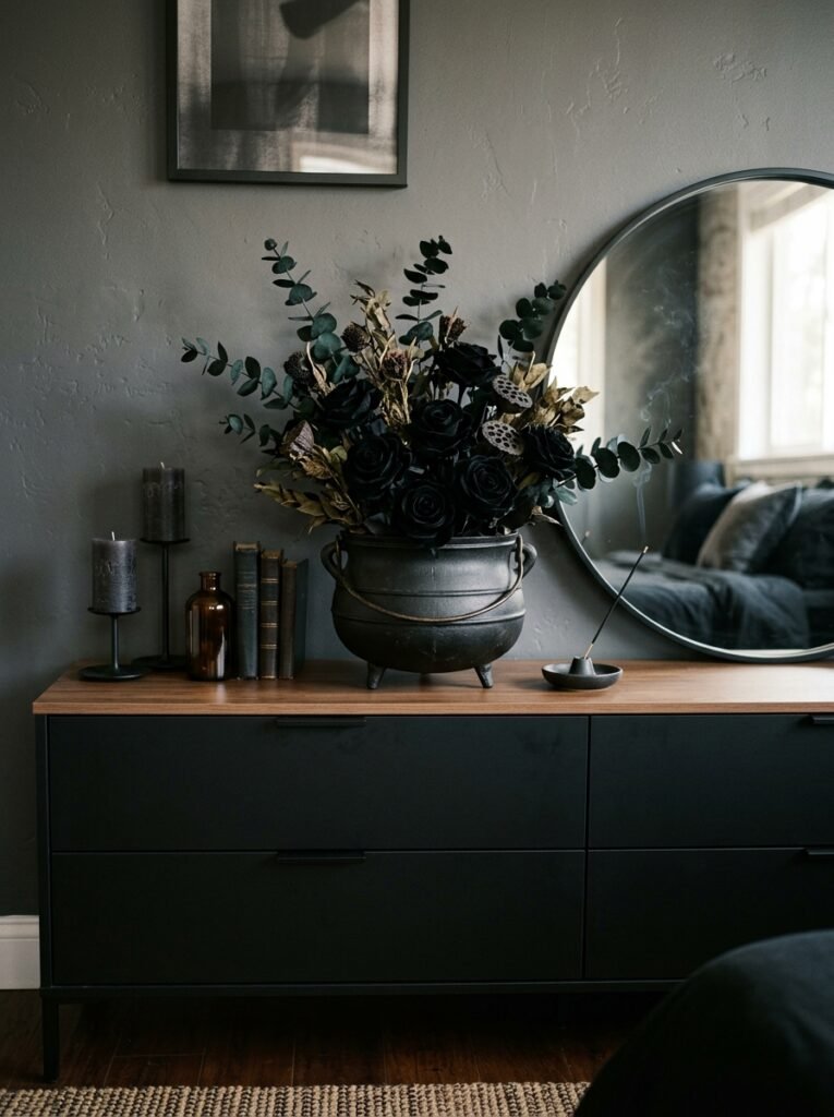 faux black roses arranged in a black cauldron