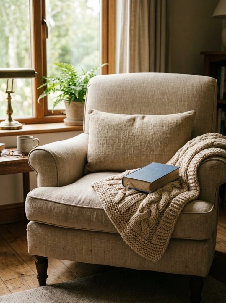 linen lumbar pillow on a reading armchair