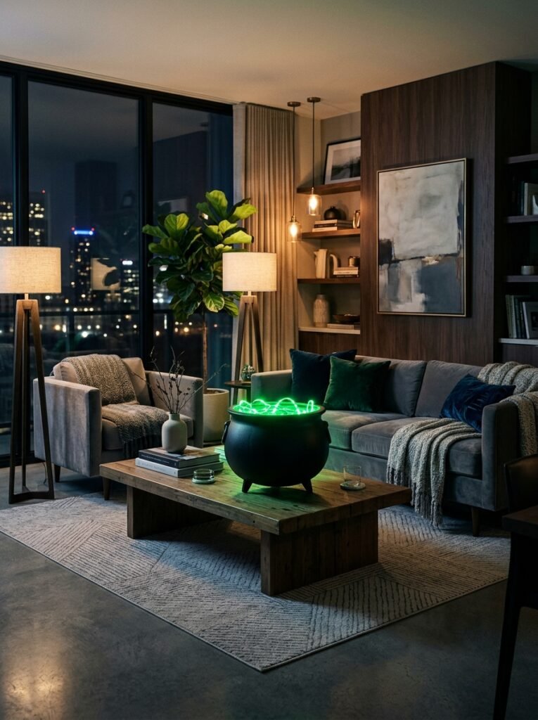 black cauldron glowing green from LED lights inside