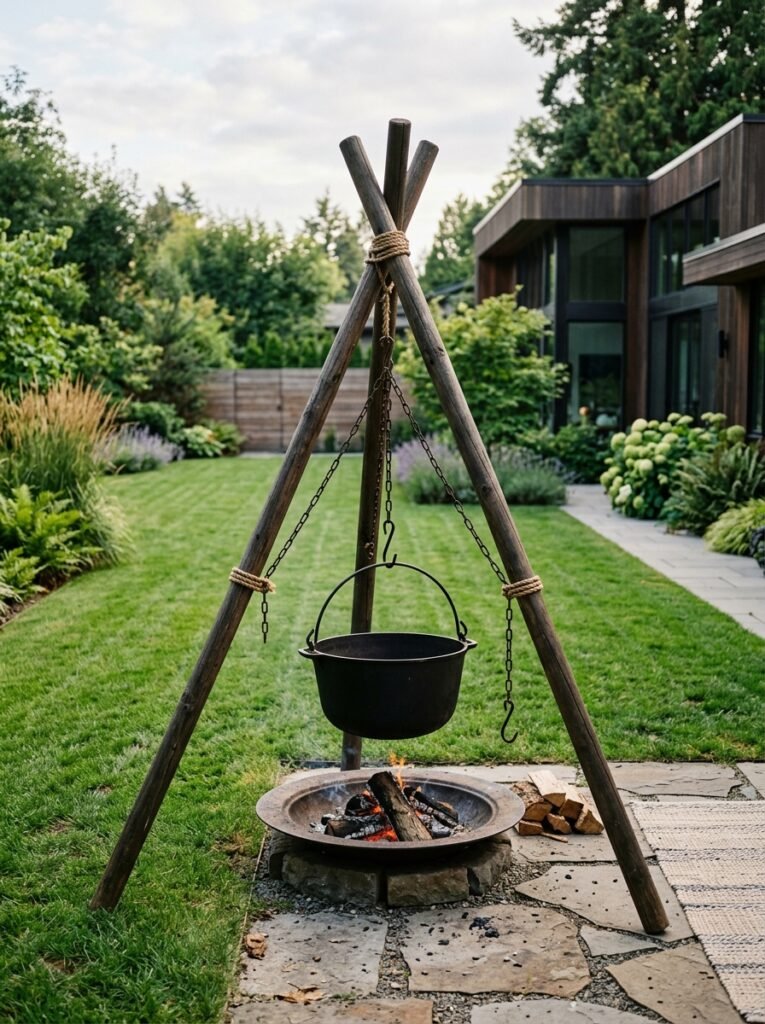 cauldron hanging from a rustic wooden tripod in a yard