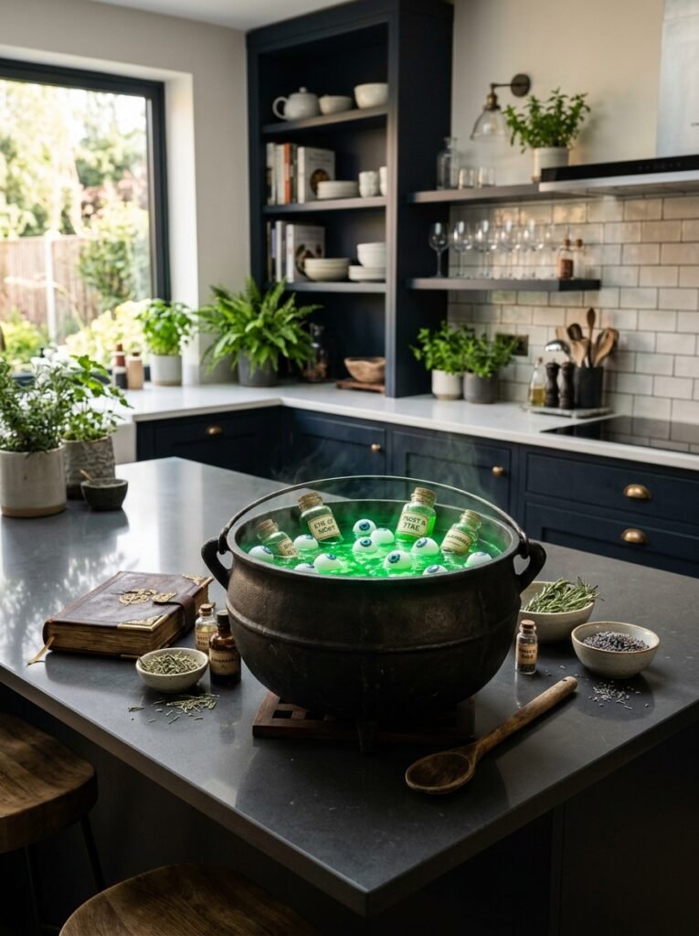 witch's potion cauldron with green water, floating eyeballs and potion bottles