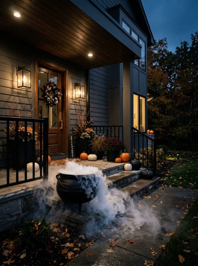 bubbling cauldron with dry ice fog spilling over the rim