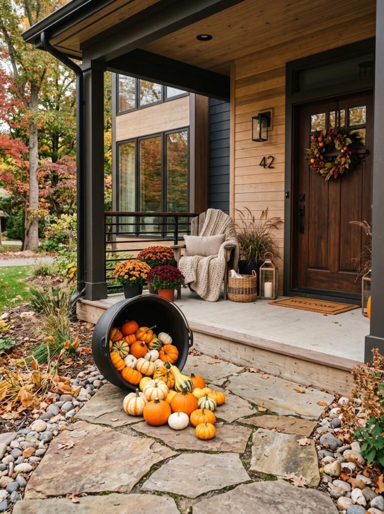 tipped cauldron spilling mini pumpkins and gourds