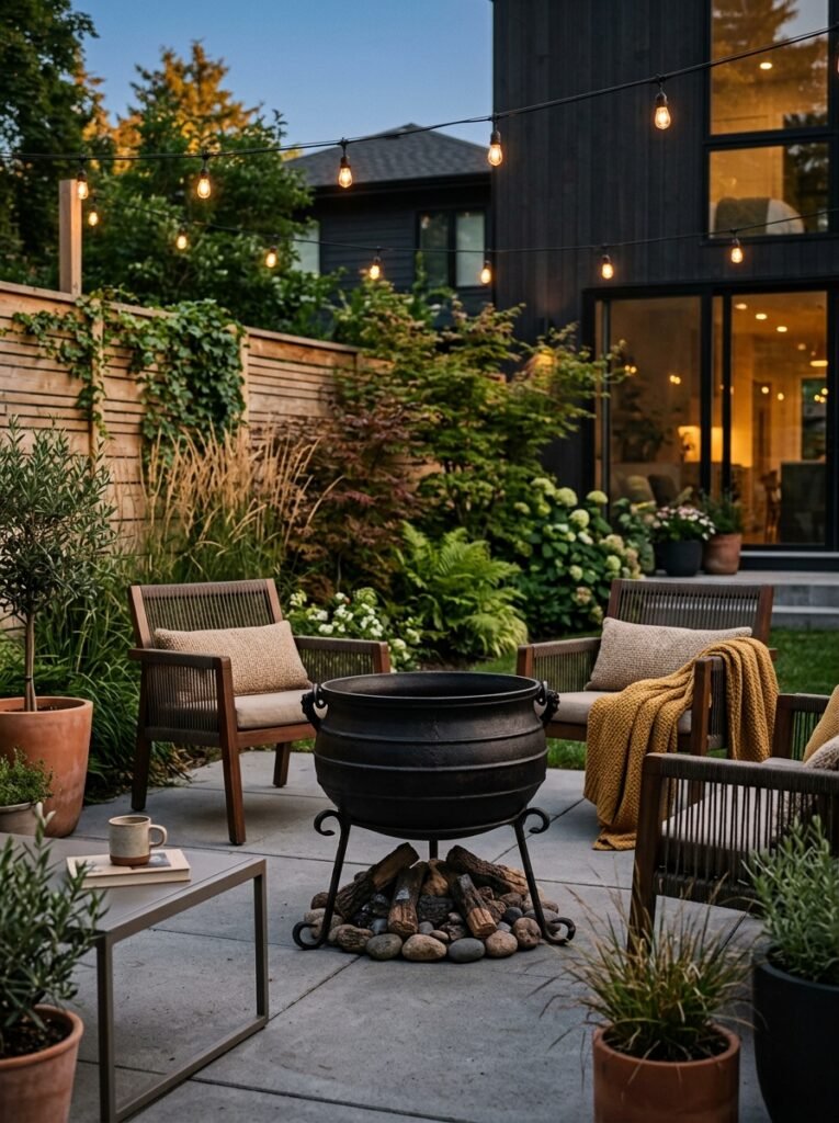cauldron over a faux campfire with logs and a flickering flame light