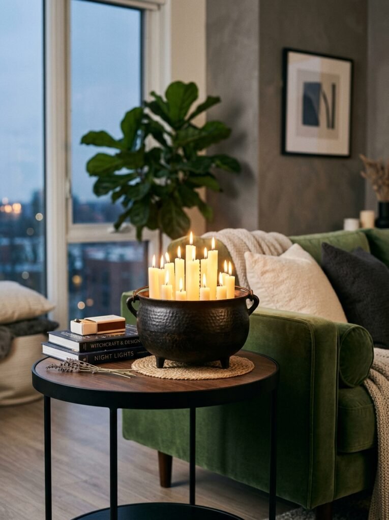 cauldron filled with flickering pillar candles