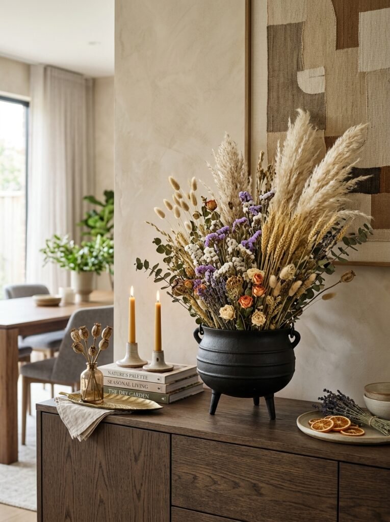 cauldron filled with dried flowers, wheat and pampas grass
