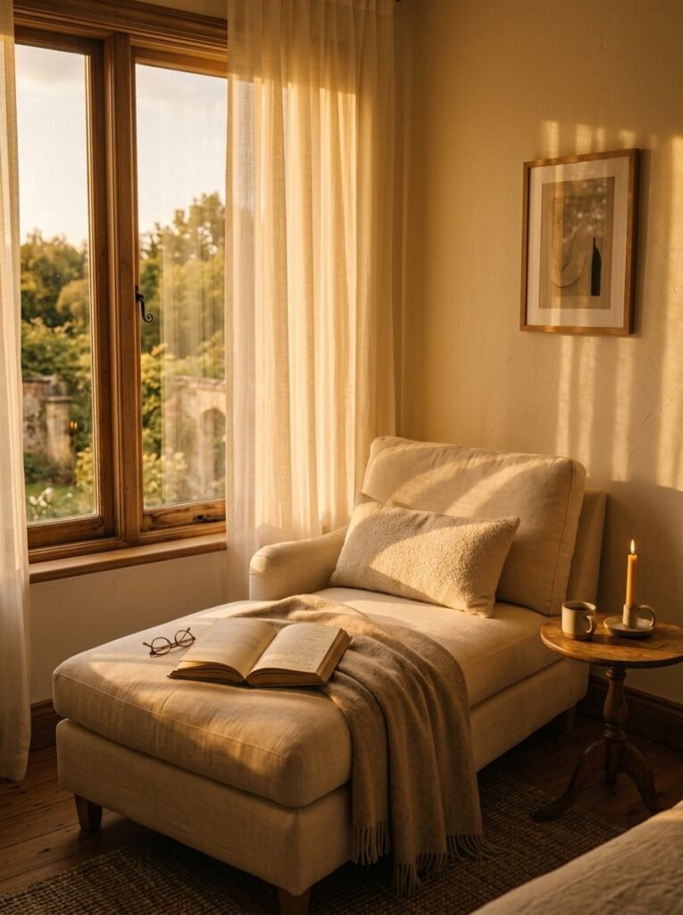 cream linen chaise lounge by a window in a bedroom