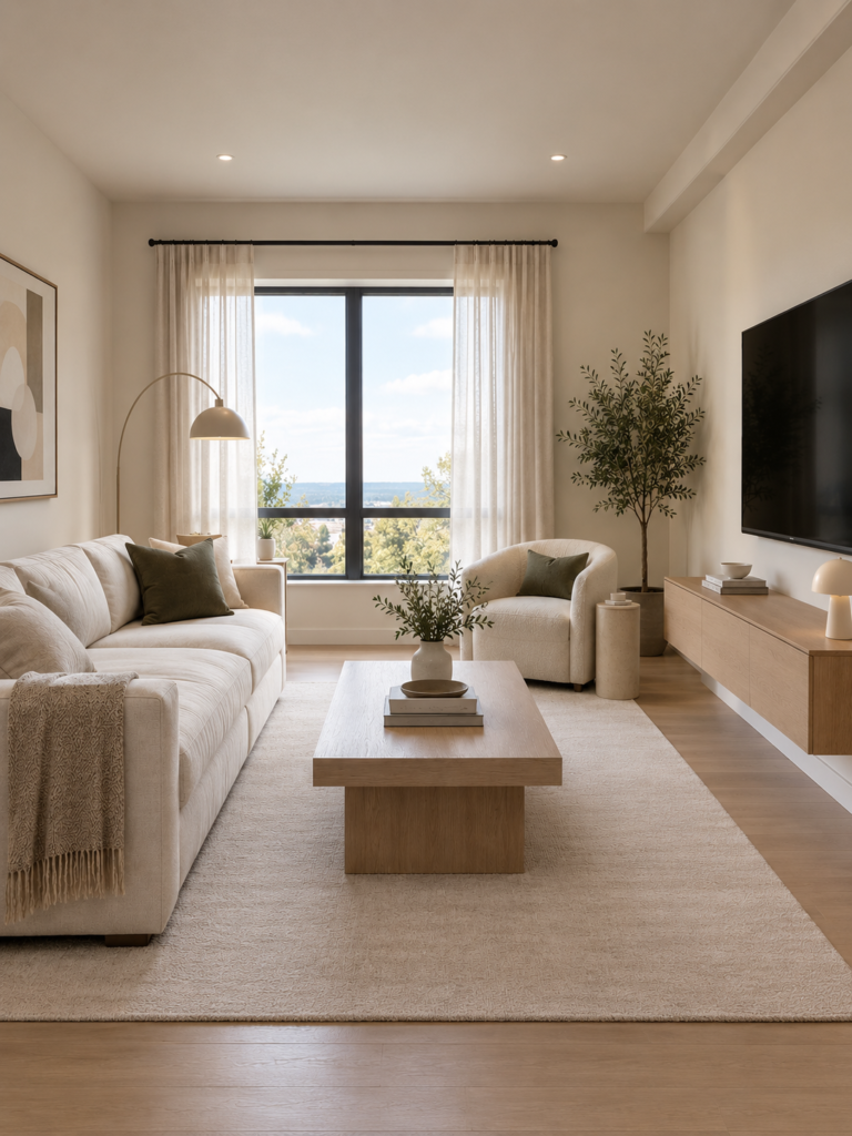 decluttered minimalist living room with clear surfaces