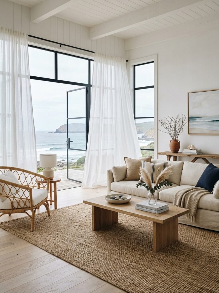 coastal minimalist living room with a jute rug and sheer curtains