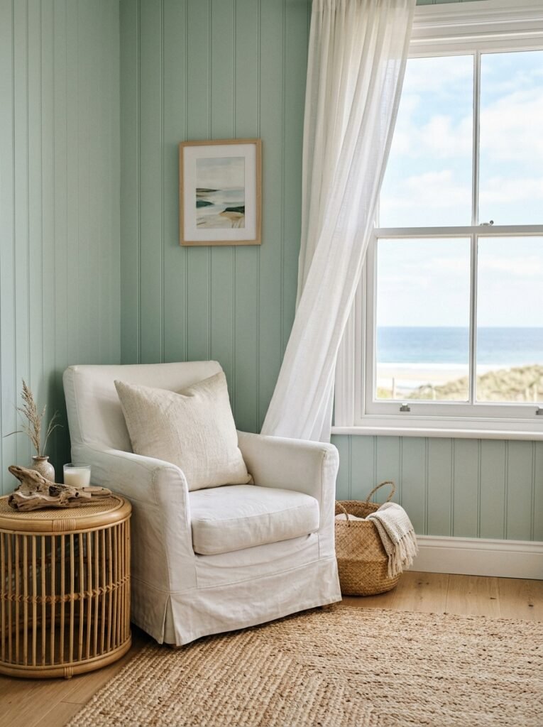 coastal room with sea glass green beadboard walls and rattan decor