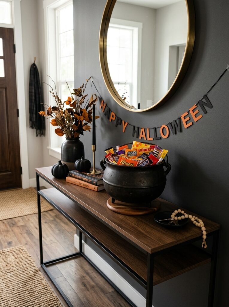 cauldron filled with wrapped Halloween candy and plastic spiders
