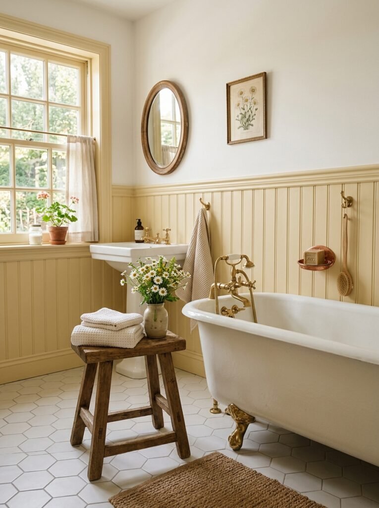cottage bathroom with butter yellow beadboard and a clawfoot tub