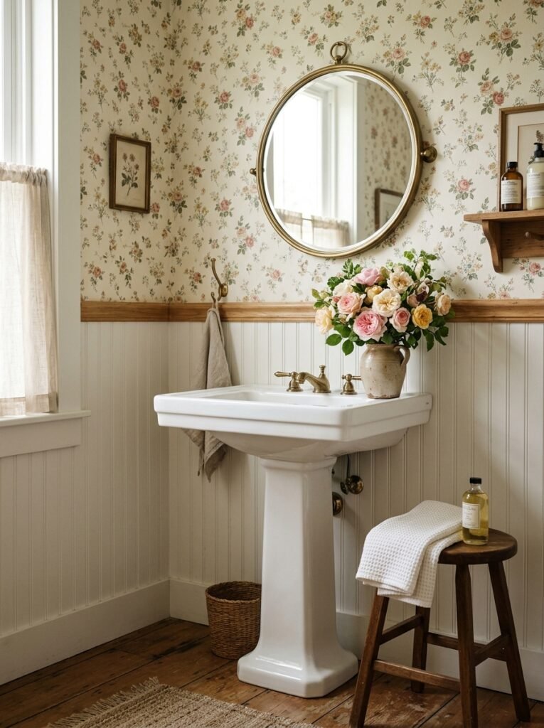 bathroom with white beadboard wainscoting and floral wallpaper above