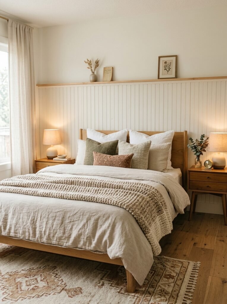 white beadboard accent wall behind the bed in a cozy bedroom
